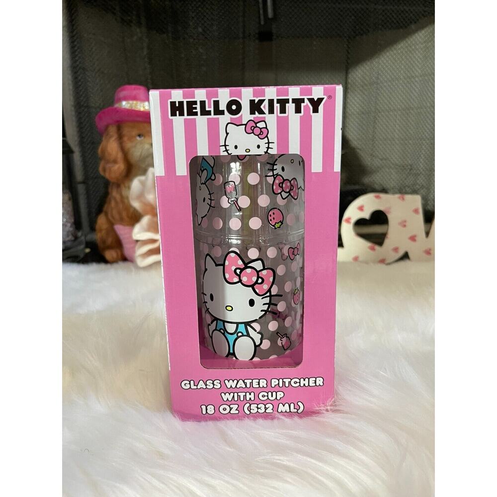 Sanrio Hello Kitty Pink 18-Oz Glass Pitcher and 8-Oz Cup Strawberries & Bows